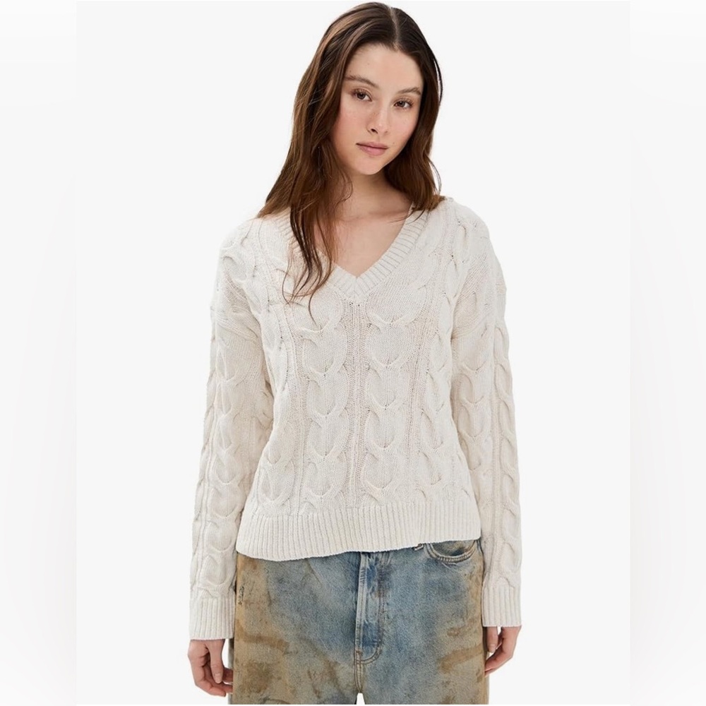 Free People Cream V-Neck Cable Knit Sweater